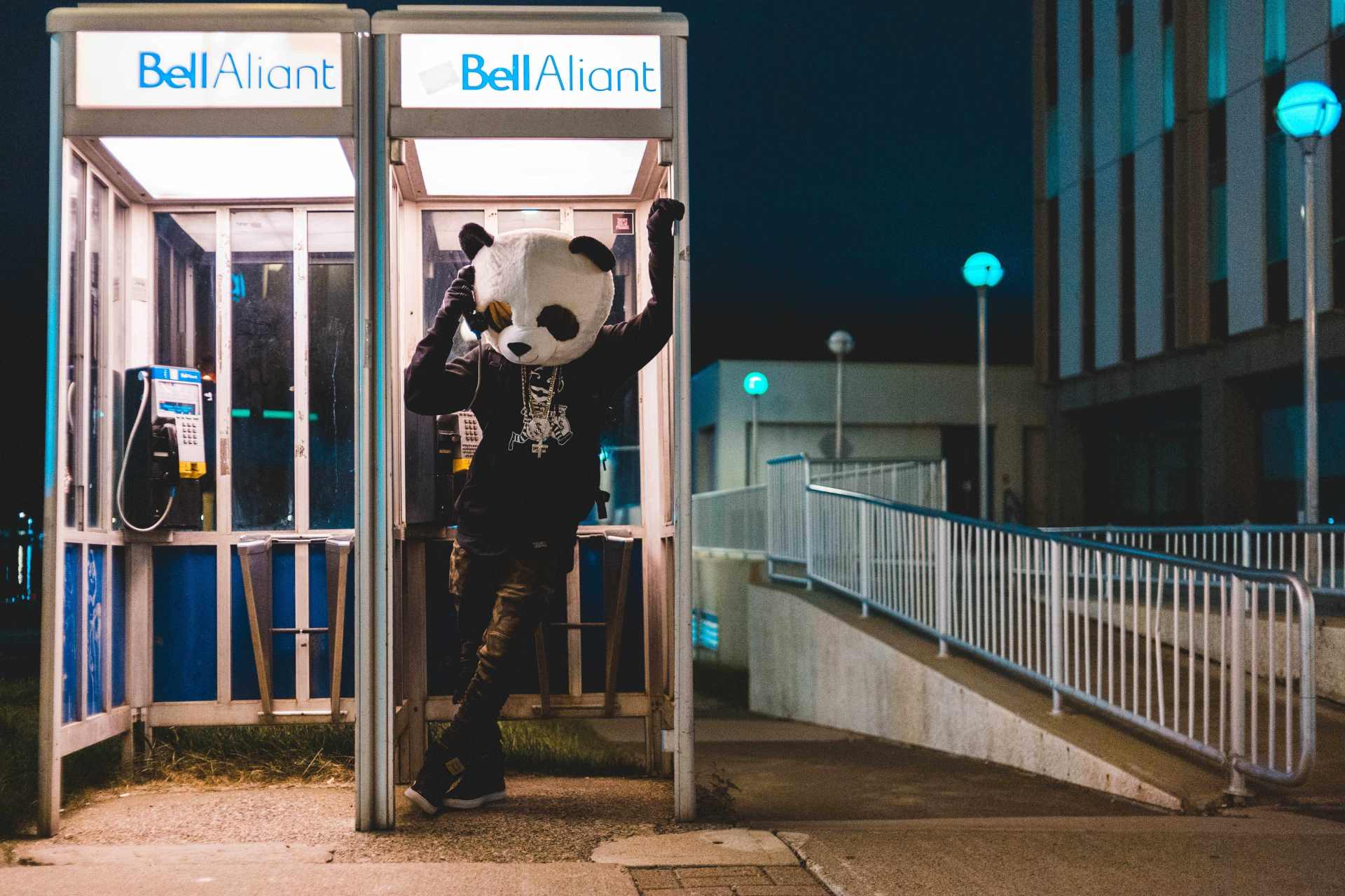 man in a panda suit in a phone booth at night